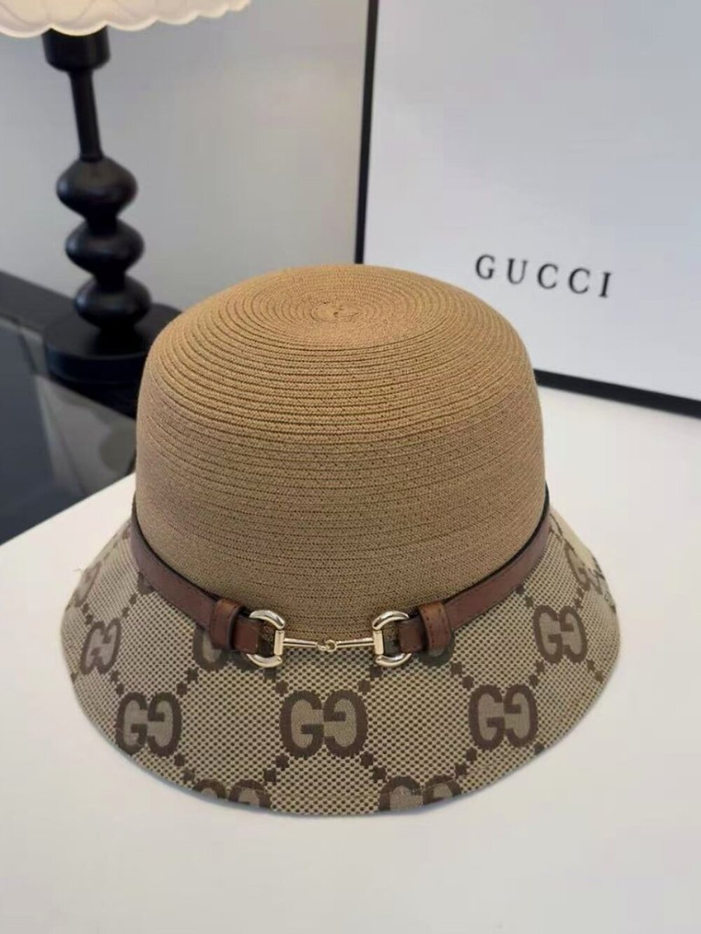 Gucci GG Monogram Straw Bucket Hat with Horsebit Leather Band